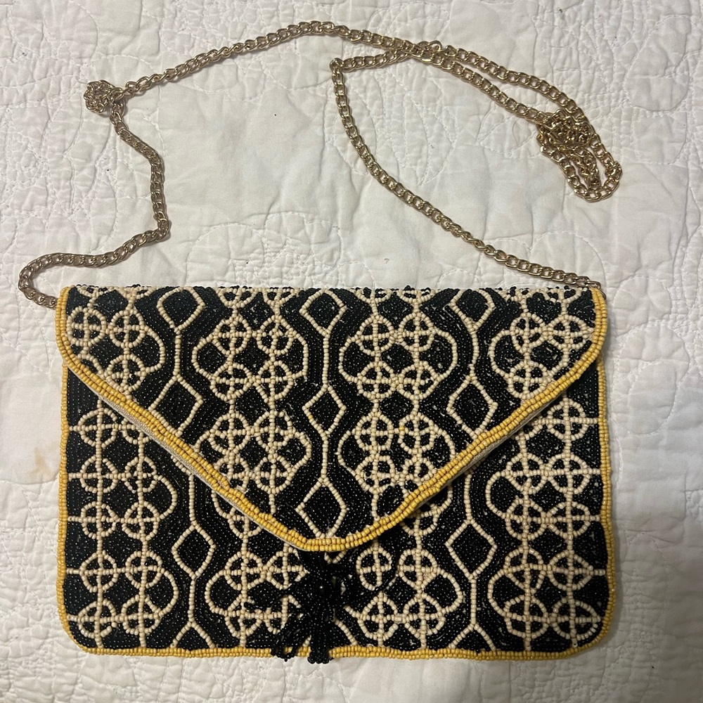 Black and cream glass beaded clutch with gold chain